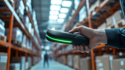 A hand holds a barcode scanner in a warehouse, with shelves filled with boxes illuminated by bright overhead lights.