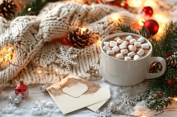 A cozy winter scene featuring a cup of hot chocolate topped with marshmallows, surrounded by festive decorations and a knitted blanket.