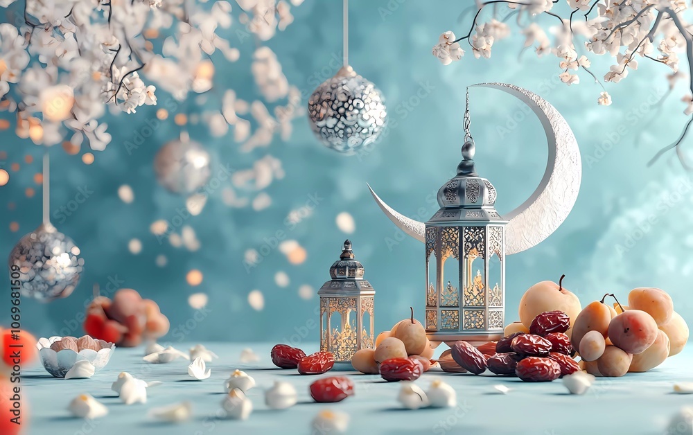 Fototapete 3d rendering of a ramadan kareem background with a crescent moon, dates, fruit, and lanterns on a li