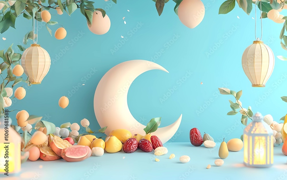 Fototapete 3d rendering of a ramadan kareem background with a crescent moon, dates, fruit, and lanterns on a li
