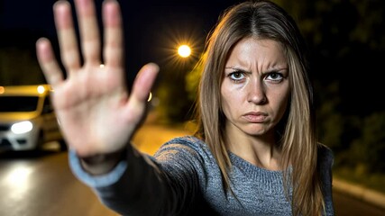A woman holds her hand up in the air, palm facing forward, with a stern expression on her face as she walks down a street at night