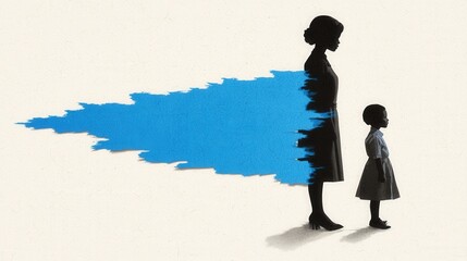 Silhouette of Mother and Child with Blue Abstract Background