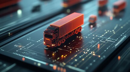 A futuristic digital rendering of a truck on a circuit board, symbolizing technology's impact on transportation and logistics.