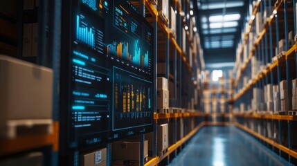 A high-tech warehouse featuring digital screens displaying data analytics, with organized shelves filled with cardboard boxes.