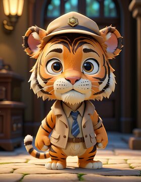 Adorable chibi detective tiger in minimalist style