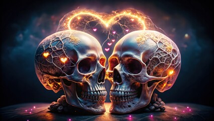 Two Skulls Facing Each Other with a Flaming Heart Above Them