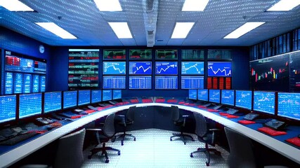 A modern office with a curved desk and multiple computer monitors displaying graphs and data. - Powered by Adobe