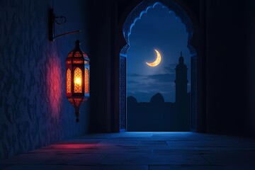 Eid Mubarak and Ramadan Kareem greetings with an Islamic lantern, a mosque window view, and a moon for the Eid festival background. 