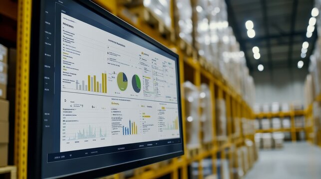 A close-up of a monitor displaying analytics in a warehouse filled with stacked pallets and organized storage.