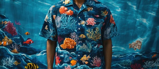 Fototapeta premium Ocean-themed shirt with waves, fish, and coral patterns, vibrant blue and aqua tones, tropical vibe, detailed underwater elements, summery and refreshing