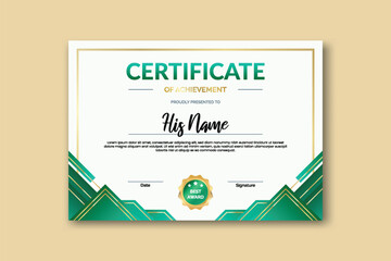 Certificate design template on a white background with a green and gold geometric corner