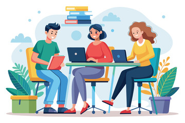 Three People Collaborating on a Project in a Modern Office Setting