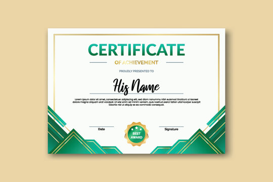 Certificate design template on a white background with a green and gold geometric corner