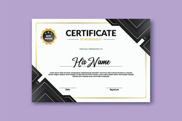 Elegant certificate design template on a white background with a black and gold geometric corner