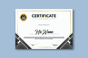 Elegant certificate design template on a white background with a black and gold geometric corner