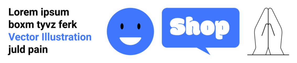 Blue circle with a happy face, a blue speech bubble with the word Shop, and black and white praying hands. Ideal for shopping, social media, religion, banners, and landing pages. Banner for landing