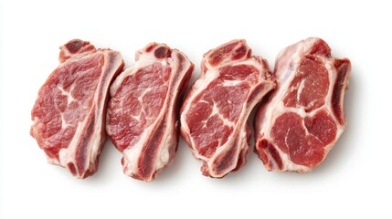 Fototapeta premium 5.Top view of pork neck chops against a white background, marbled with natural fat, pink hues and fine textures, clean isolated presentation for package design, fresh and appealing