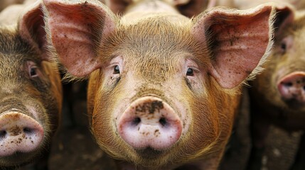 10.Pigs in a controlled indoor farming setting, grouped and feeding, earthy hues and soft textures, focus on efficient meat production, spacious and hygienic environment