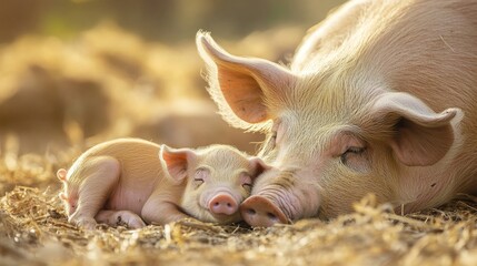11.Close-up of a piglet nursing from the mother sow, tender details of the piglet&acirc;&euro;&trade;s face and tiny body, sow lying comfortably, warm natural tones, farm setting, mother and baby bonding