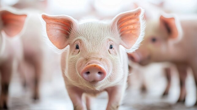 10.Pigs in a controlled indoor farming setting, grouped and feeding, earthy hues and soft textures, focus on efficient meat production, spacious and hygienic environment