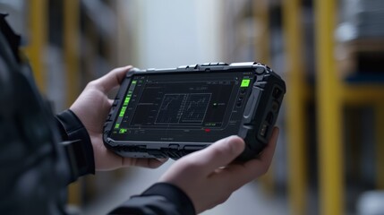 A person holds a rugged device displaying data, set in a storage area with shelves, showcasing technology in a warehouse environment.