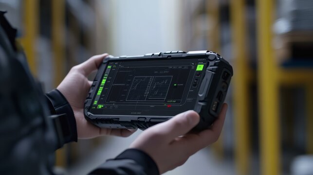 A person holds a rugged device displaying data, set in a storage area with shelves, showcasing technology in a warehouse environment.