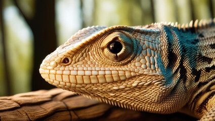 Fototapeta premium Captivating macro shot of lizard’s textured skin and eye, warm light