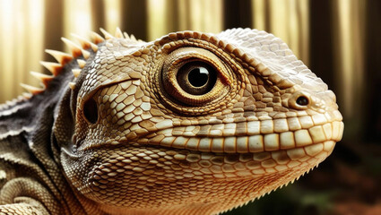 Fototapeta premium Captivating macro shot of lizard textured skin and eye, warm light