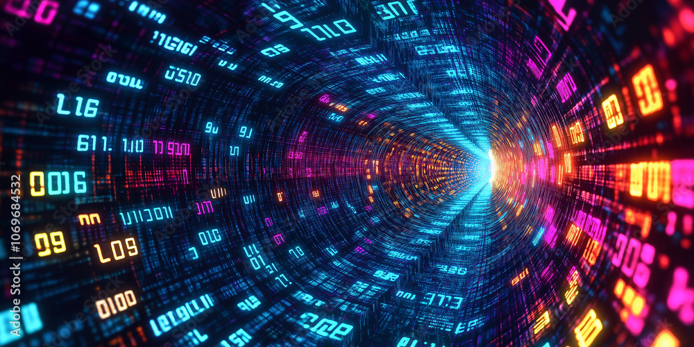 Poster Digital tunnel rotating with changing numbers and information flowing