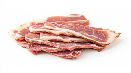 Obraz premium 46.Freshly sliced streaky bacon isolated on a white background, detailed marbling with pink and white layers, thin slices with a slightly curled edge, clean and appealing for package design