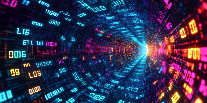 Digital tunnel rotating with changing numbers and information flowing