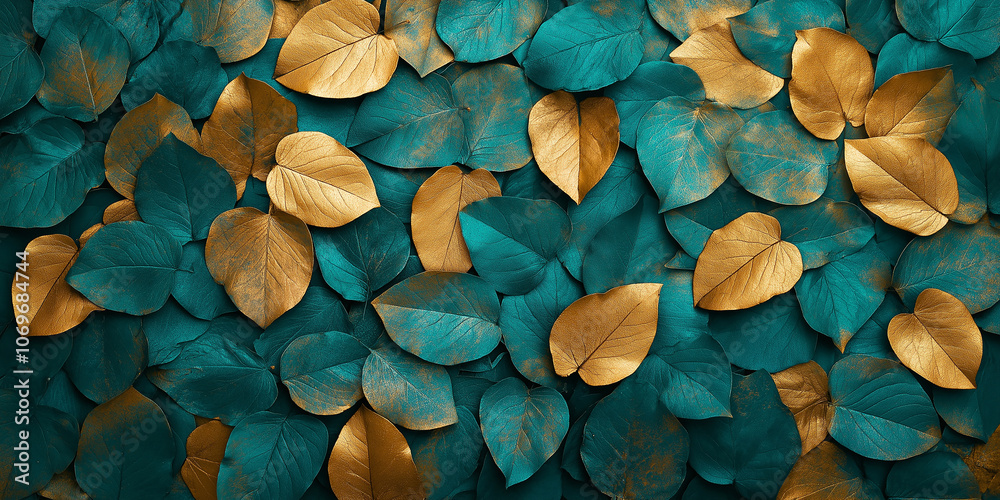 Poster golden and teal leaves creating a luxurious textured background