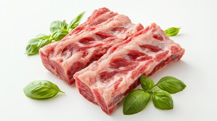 Fototapeta premium 57.A close-up of raw pork ribs displayed on a pristine white background, with a few sprigs of fresh basil placed strategically around the edges. The ribs are thick and juicy, showing fine marbling of