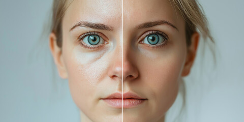 Woman showing before and after under eye concealer application