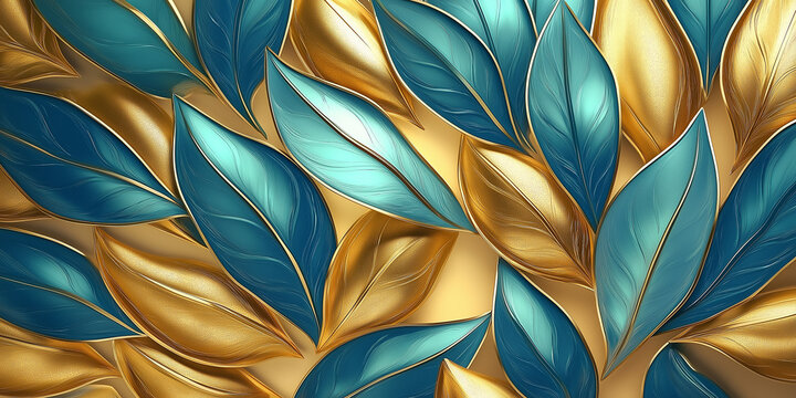 Fototapeta Golden and turquoise leaves creating an elegant pattern