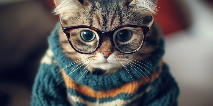 Smart cat wearing stylish round glasses and knitted sweater