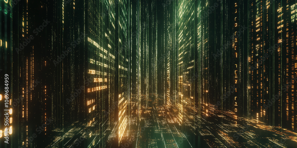 Poster Data stream flowing in cyberspace tunnel creating futuristic technological matrix