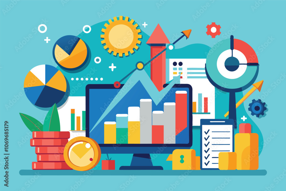 Poster business analytics data charts and graphs on computer screen
