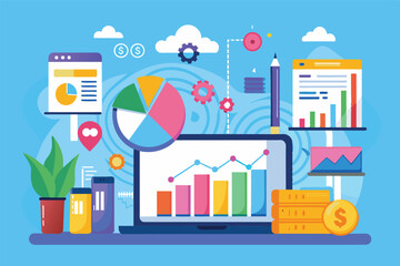 Colorful Business Data Analysis And Growth Charts On Laptop Screen