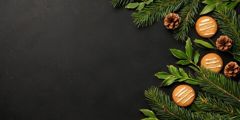 A festive arrangement of evergreen branches, pinecones, and decorative cookies on a dark background, perfect for holiday-themed content or marketing.