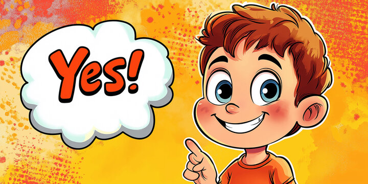 Enthusiastic child saying yes with speech bubble and orange background