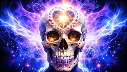 A Skull With a Heart-Shaped Halo and Cosmic Eye Sockets
