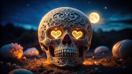 Ornate Skull with Glowing Heart-Shaped Eyes in Nighttime Setting