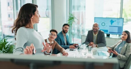 Presentation, planning and business woman in meeting for diplomacy, foreign service officer and target audience. Political workshop, campaign manager and collaboration with people for research team - Powered by Adobe