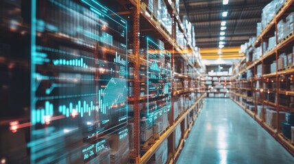 A modern warehouse with digital data overlays, showcasing inventory management and data analytics amidst organized shelves.