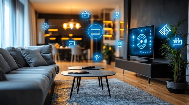 Modern living room interior with smart home technology icons.