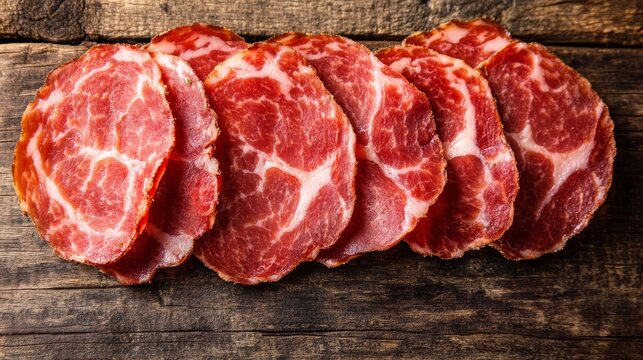 97.A close-up of capocollo slices, showing the intricate marbling of the pork. The meat is deep red, with thin veins of white fat running through it. The slices are arranged in overlapping layers on