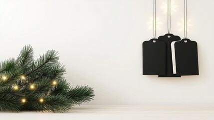 A minimalistic holiday scene featuring black tags hanging above a lush green branch adorned with glowing lights against a white background.