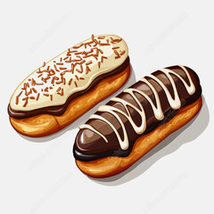 Two tempting eclairs displayed on a white background. One is topped with chocolate frosting, and the other with cream and sprinkles, perfect for any sweet treat lover.