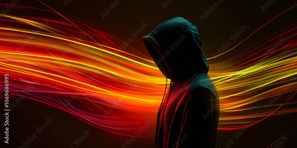 Poster Hacker wearing hoodie standing next to abstract light trails